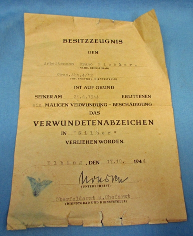 German WWII Silver Wound Badge Document, RAD Arbeitsmann June 1944