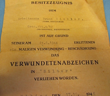 German WWII Silver Wound Badge Document, RAD Arbeitsmann June 1944