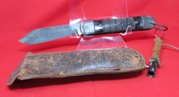 US WWII USAAF Colonial Mfg Survival Kit Knife, Leather Sheath and Metal Tool