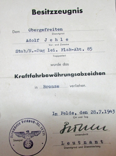 German WWII Drivers Badge In Bronze Original LDO Packaging with Award Document