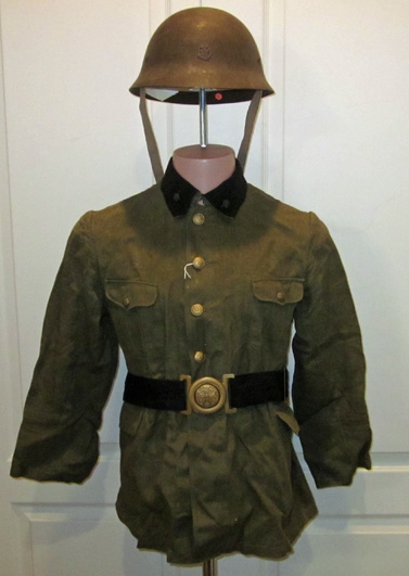 Japanese WWII Civil Defense Uniform Coat, Belt & Helmet