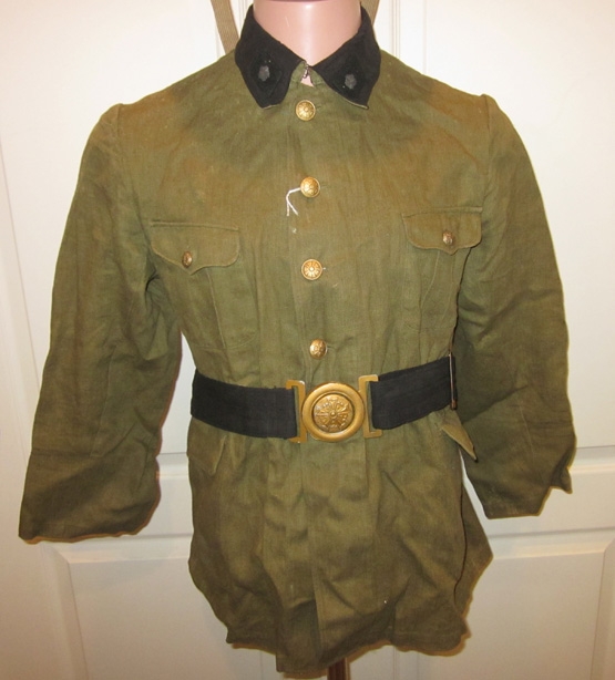 Japanese WWII Civil Defense Uniform Coat, Belt & Helmet