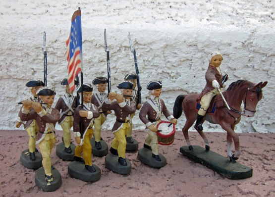 German Composition Toy Soldiers, American Revolution, Elastolin Mfg., 9 Figures